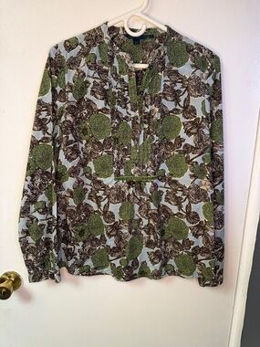 Boden Green and Brown Floral-Print Long-Sleeve Button Down Shirt